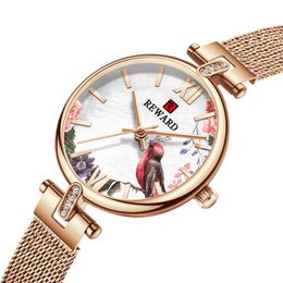 Uniquely Printed Pattern REWARD Quartz Ladies Watch Glaring Watches Flowers and Birds Dial Womens INS Style Mineral Glass Glossy M278B
