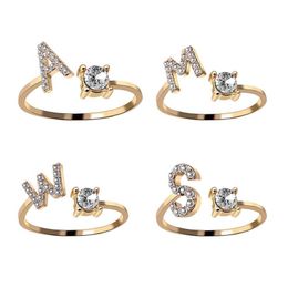 A-Z Letter Gold Color Metal Adjustable Opening Couple Rings Initials Name Alphabet Female Creative Finger Trendy Party Jewelry3072