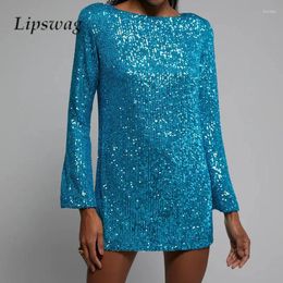 Casual Dresses Autumn O Neck Long Sleeve Prom Dress Fashion Shiny Sequins Women Mini Sexy Solid Color Party Club Straight Vestidos