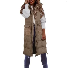 Women's Vests Hooded Coat Womens Autumn Winter Mid Length Cotton Vest Plush Stitching Pockets Keep Warm Ladies Sleeveless Waistcoat