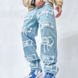 2023 Simple Stylish Men Ripped Patch Hip Hop Loose Jeans Pants Streetwear Male Straight Denim Trousers 231227