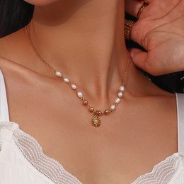 Freshwater Pearl Gold Color Beads Chain Stainless Steel Necklace Optimistic Sun Pendant for Woman Christmas Gift