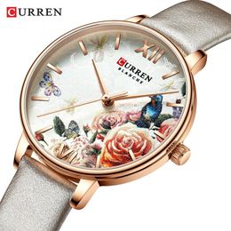 CURREN Beautiful Flower Design Watches Women Fashion Casual Leather Wristwatch Ladies Watch Female Clock Women's Quartz Watch268i