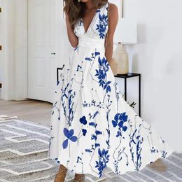Casual Dresses Floral Printing V-Neck Strap Long Bohemian Sleeveless Women Summer Beach Travel Party Wear