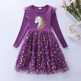 Girls Autumn Long Sleeve Mesh Cartoon Unicorn Dress LH1696 231228