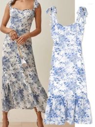 Casual Dresses National Trendy Style Ruffles A- Line Dress Blue and White Porcelain Printed