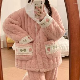 Women's Sleepwear 2024 Women Winter Coral Fleece Pajama Famale Three Layer Cotton Flannel Loungewear Cute Girl Home Set Youth Pijama