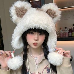 Berets Korean Bear Cartoon Cute Plush Hat Women Warm Ear Protector Pullover Cap Winter Lace-up Hairball Imitation Mink Bomber Hats