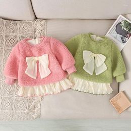 Girl Dresses Girls Autumn And Winter Plush Coat 2023 Wool Lamb Warm Bow Tie Dress Cotton Casual