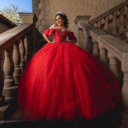 Red Shiny Sweet 16 Quinceanera Dress Off Shoulder Beads Crystal Tull Ball Gown Princess Party Birthday Dress Vestidos 15 De