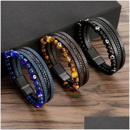 Chain Retro Tiger Eye Stone Beads Leather Bracelet Beaded Mti-Layer Alloy Buckle For Men Drop Delivery Jewellery Bracelets Dhgarden Dhebg