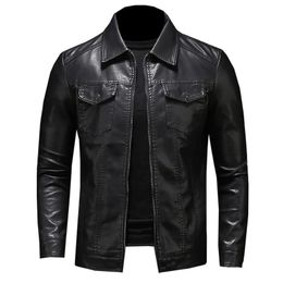 Men's Motorcycle Leather Jacket Large Size Pocket Black Zipper Lapel Slim Fit Male Spring and Autumn High Quality Pu Coat M-5Xl 231227
