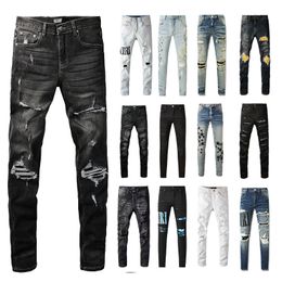 Strappato per pantaloni denim patchwork con stelle applicati Pantaloni hip-hop High Street Abbigliamento da uomo Jeans da moto slim di marca