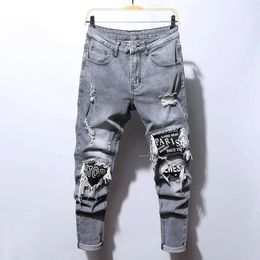 Stickerei Männer Baumwolle Stretchy Zerrissene Dünne Jeans Hohe Qualität Hip Hop Schwarz Loch Slim Fit Oversize Denim Hosen