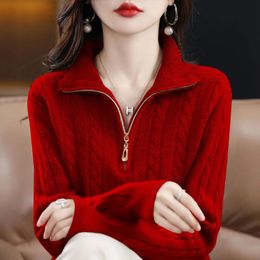 Autumn Half Turtleneck Zipper Sweater Women Thick Loose Knitted Pullover Casual Wild Solid Jumper Femme Knitwear Tops 231228