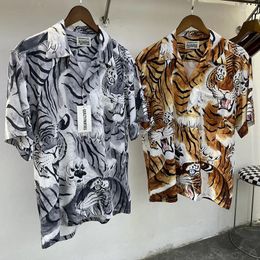Men's Casual Shirts Y2K 2023 MARIA Yellow Grey Hundred Tiger Print Turn-down Collar Hawaiian Short Sleeved Shirt Clothing Summer Sale