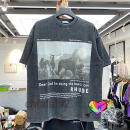 Rhude Horse T-shirt Men Women High Quality Vintage Tee Make Old Washed Oversize Short Sleeve Xuqe M5NN