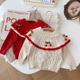 Princess Kids Baby Girl Sweater 0 5Years Children Long Sleeve Cape Collar Cherry Knitted Pullover Jumper Outwear Autumn Clothes 231228