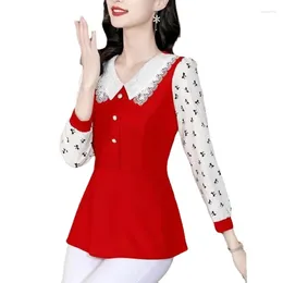 Women's Blouses 2024 Office Shirts Fall Basic Clothing French Design Patchwork Long Sleeve Shirt With Buttons White Lace LJ238