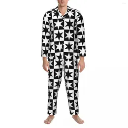 Men's Sleepwear Two Tone Pajama Set Squares And Stars Comfortable Male Long Sleeve Retro Leisure 2 Pieces Nightwear Plus Size