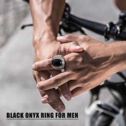 Mens Black Stone Signet Rings, Silver Colour Waterproof 14K White Gold Tribal Statement Ring Finger Gifts Jewellery