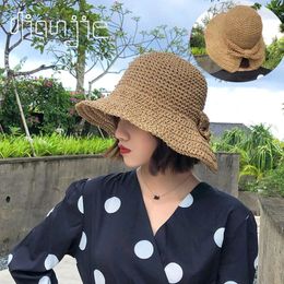 Handmade 100%Raffia Bow Sun Hat Wide Brim Floppy Summer Hats For Women Beach Panama Straw Dome Bucket Hat Femme Shade Hat 231228