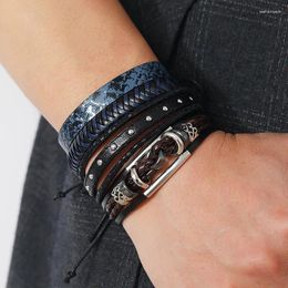 Charm Bracelets Fashion 4 Pcs Set Woven Multi-layer Blue Genuine Leather Men Bracelet Punk Widen Jewellery Accessories For