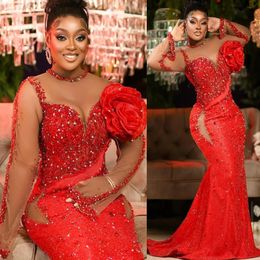 2024 Aso Ebi Red Mermaid Prom Dress Crystals Beaded Evening Formal Party Second Reception Birthday Engagement Gowns Dresses Robe De Soiree ZJ397