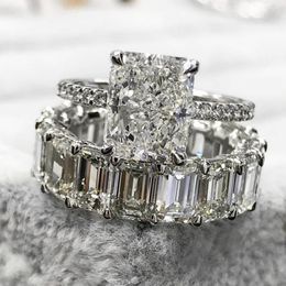 Luxury 925 sterling Silver Engagement Wedding Rings sets for Women Eternity Radiant cut 4CT Simulated Diamond Ring Platinum Jewellery Wholesale
