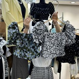 Women's Blouses French Slash Neck Off-shoulder Puff Sleeve Summer Vintage Blusas Mujer De Moda 2023 Flower Print Slim Design Sense Shirt