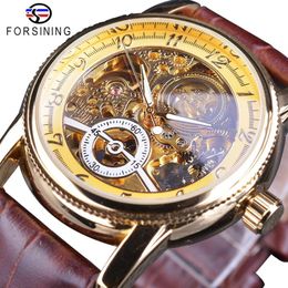 Forsining Classic Royal Retro Luxury Series Golden Case Hollow Skeleton Dial Brown Leather Mens Automatic Watch Top Brand Luxury242A