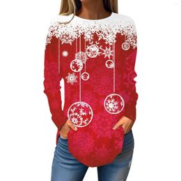 Women's T Shirts Christmas Long Sleeve Shirt For Women Autumn Vintage Elegant Ladies Round Neck Snowflake Print Tees Fashion Casual Pullover