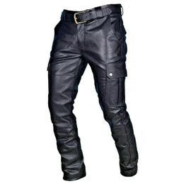 Men's Leather Motorcycle Pants with Cargo Pockets Black PU Pants No Belt Men Trousers Big Size S-5XL 231228