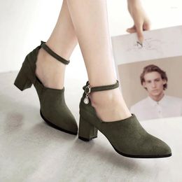Dress Shoes YMECHIC Ladies Ankle Strap Buckle Chunky High Heels Pumps Women Plus Size Spring Summer Army Green Flock Vintage