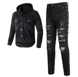 2023 Tracksuits Punk Street Men039s Black 2pcs Jeans Sets Spring Hooded Denim Jacket and Ripped Patch Stretch Pants Vintage Men2291551