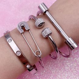 Mavis Hare Ball Love Crystal Bangle & Pin Bracelet Set Stainless Steel Cuff Open For Woman341q