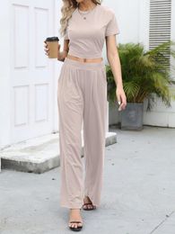 Women's Pants Women Casual Homewear Solid Colour Short Sleeve O Neck Top Pleated Set For Home Activity