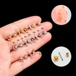 Surgical Stainless Steel Helix Ball Screw Studs Earring Ear Ring New Thin Rod Double Screw Cubic Zircon Small Flower Studs Cartilage Piercing Body Jewellery Bijoux