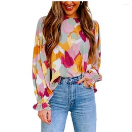 Women's Blouses Spring Abstract Printed Chiffon Shirt Loose Round Neck Pullover Long Sleeve Top Fashion Elegant Blouse Femme Tops