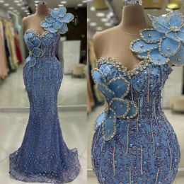 Sky Blue Aso Ebi Prom Dresses Sheer Neck Mermaid Flower Sequined Lace Evening Formal Dress for Specail Occasions Birthday Party Gowns Second Reception Gown ST716
