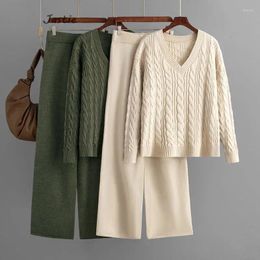 Women's Two Piece Pants 2024 Autumn And Winter Fashion Wide-leg Sweater Women Suit V-neck Knitted Top Long Trousers Two-piece Set Woman