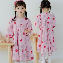 2024 Spring girls love heart bear printed dresses kids round collar long sleeve dress Valentine's Day children pink princess clothes Z6368