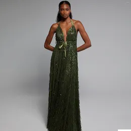 Party Dresses Charming Green A Line Sleeveless Spaghetti Straps Backless Floor Length Pleated Tassel Sequined Prom Evening Gowns
