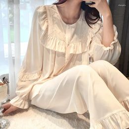 Women's Sleepwear Ruffles Applique Pajamas Set Silky Satin Women Long Sleeve Pyjama Suit Femme Spring Autumn Nightshirts Homewear