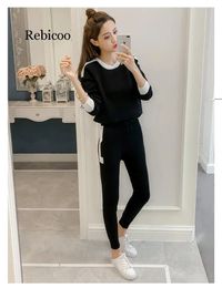 Fashion Patchwork Tracksuit Women Long Sleeve Pullover Sweater Casual Full Length Korean Female Knitted Slim 2 Pcs Set 240116