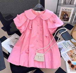 2024 Summer girls love heart applique dresses kids falbala lapel puff sleeve pink princess dress Valentine's Day children clothes Z6365