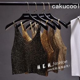 Women's Tanks Cakucool Women Sequined Bling Crop Top Hollow Out Sexy Knit Sleeveless T Shirt Backless Club Gold Lurex Tank Tops Camisole