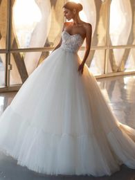 Ruffles Sweetheart Princess Wedding Dress Sleeveless Lace Appliques A Line Long Bridal Gowns Pluffy Ivory Tulle Vestido De Novia
