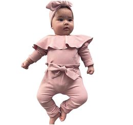 Baby Girl Clothes Set Newborn Infant Girls Frill Solid Romper Bodysuit Bow Pant Outfits Infant New Born Outfits Kids Clothing1084105
