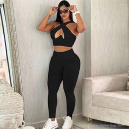 Women's Pants 2023 Autumn Tracksuit Solid Slim Fit Sleeveless Open Umbilical Tank Top Tight High Waist Casual Two Piece Set